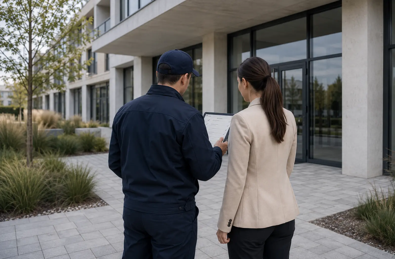 Facility-Mitarbeiter und Immobilienverwalterin besprechen die Objektaufnahme