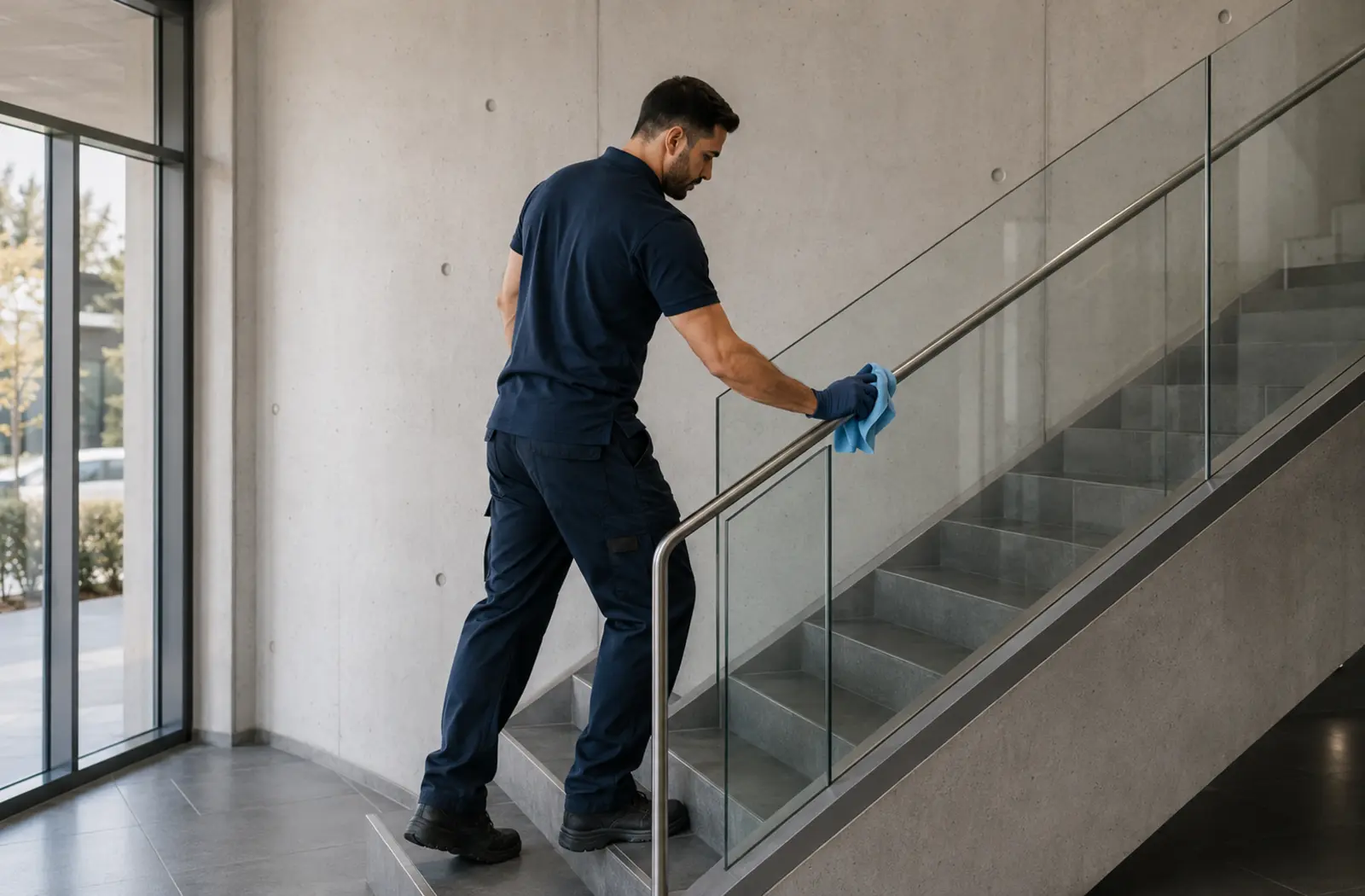 Professionelle Reinigung eines Glasgeländers